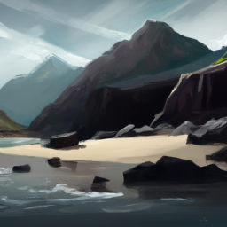 a beach with mountains in background, digital art, greg rutkowski